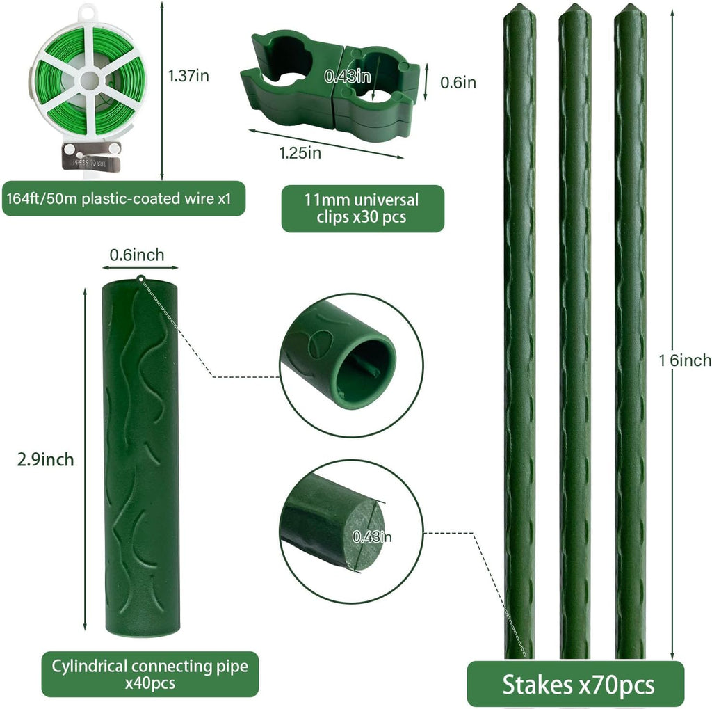 70 Pack Garden Stakes Set, 16 Inch Plant Stakes Support with 40 Connectors 30 Rotatable Clips 164ft Twist Tie for