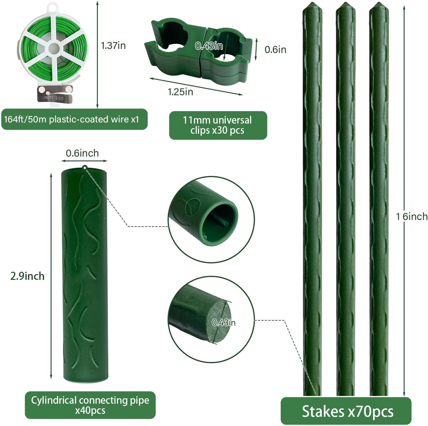 70 Pack Garden Stakes Set, 16 Inch Plant Stakes Support with 40 Connectors 30 Rotatable Clips 164ft Twist Tie for
