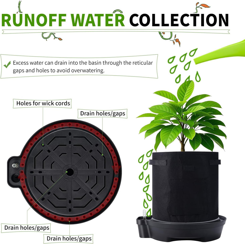 15” Self-Watering Plant Saucer, Capillary Action Theory Auto-Irrigation System, 4-Pack Bases with pH Test Tank & Water