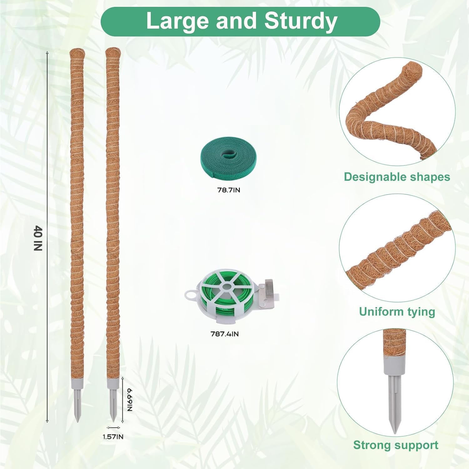2 Pack Moss Pole, 40 Inch Monstera Plant Support, Moss Poles for Climbing Plants Indoor DIY, Coco Coir Plant Pole Moss