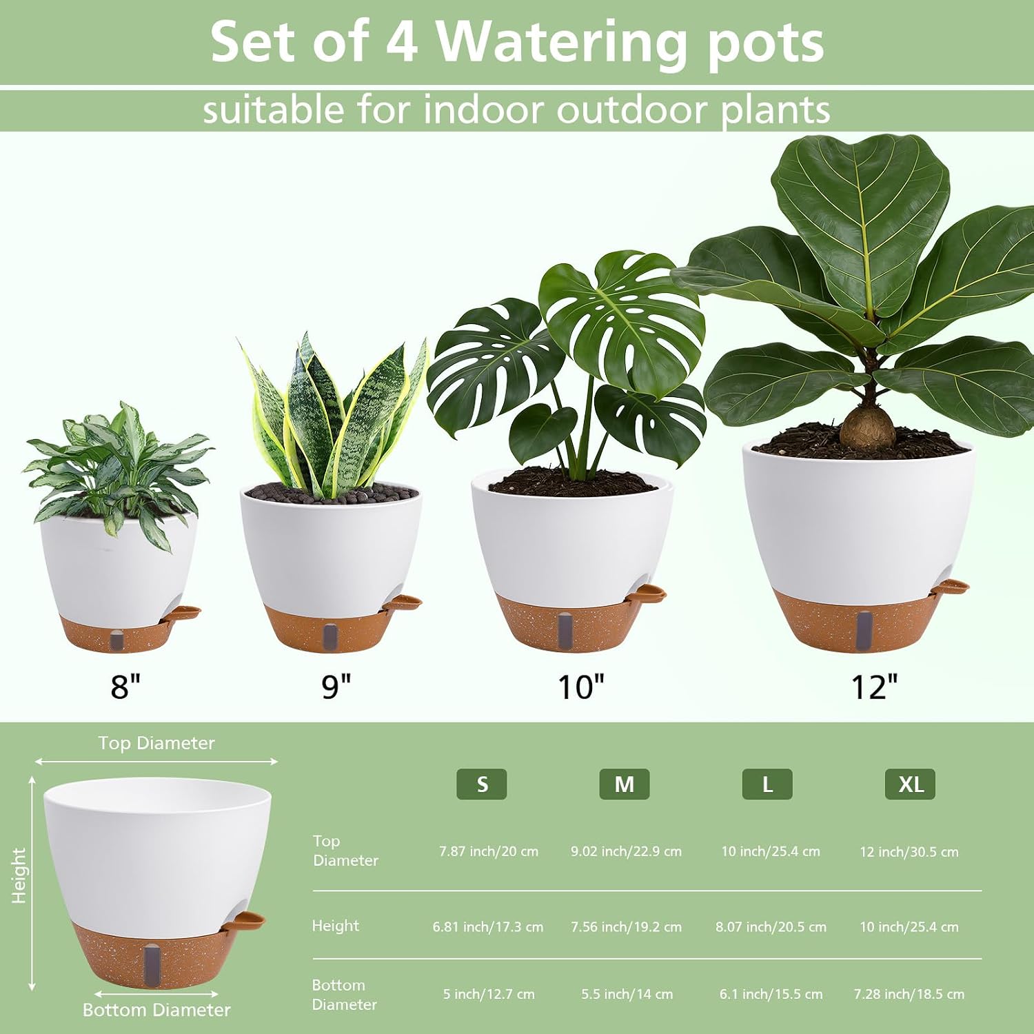 Self Watering Pots with Water Level Indicator, 12" 10" 9" 8" Large Plastic Flower Pots with Mesh Drainage Hole and