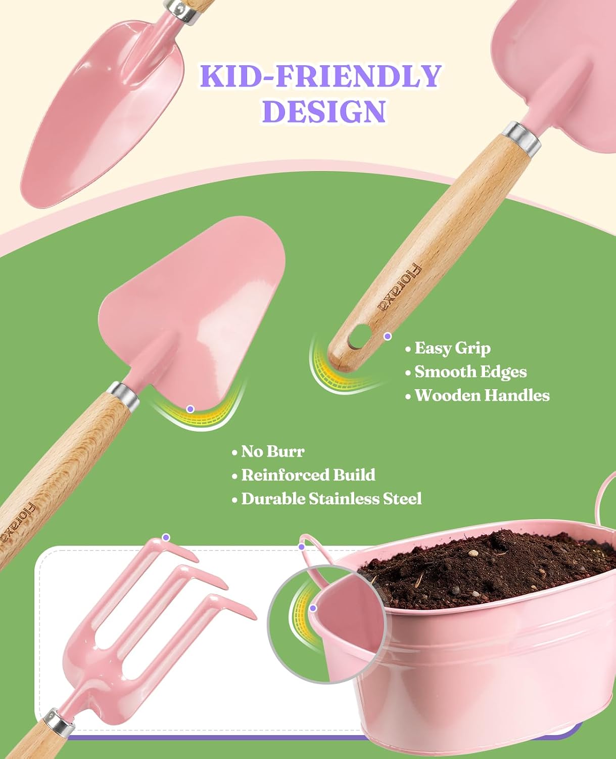 8Pcs Kids Gardening Set with Real Metal Tools & Metal Basket, Pink | 3 Wooden Handles, STEM Outdoor Exploration