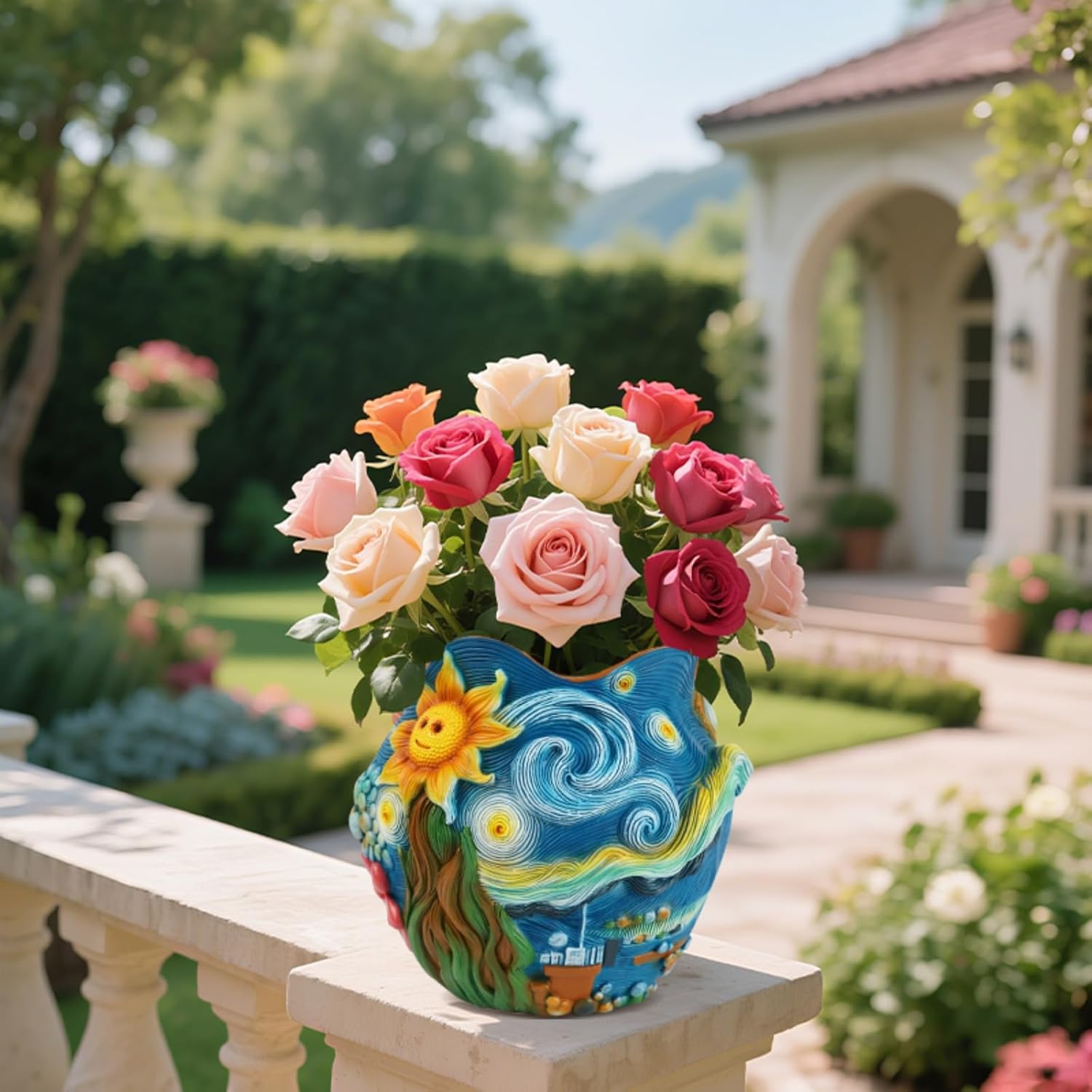 Starry Night Theme Flower Pots Colorful Art Planter Pots for Indoor Plant Cute Unique Resin Flower Pot with Drainage