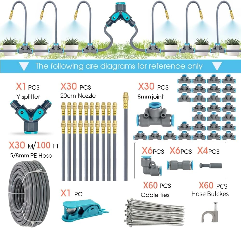 Drip Irrigation System, 100Ft 5/16 Inch Hose, 30 Adjustable Copper Nozzles, Automatic Atomizing Watering Kit for