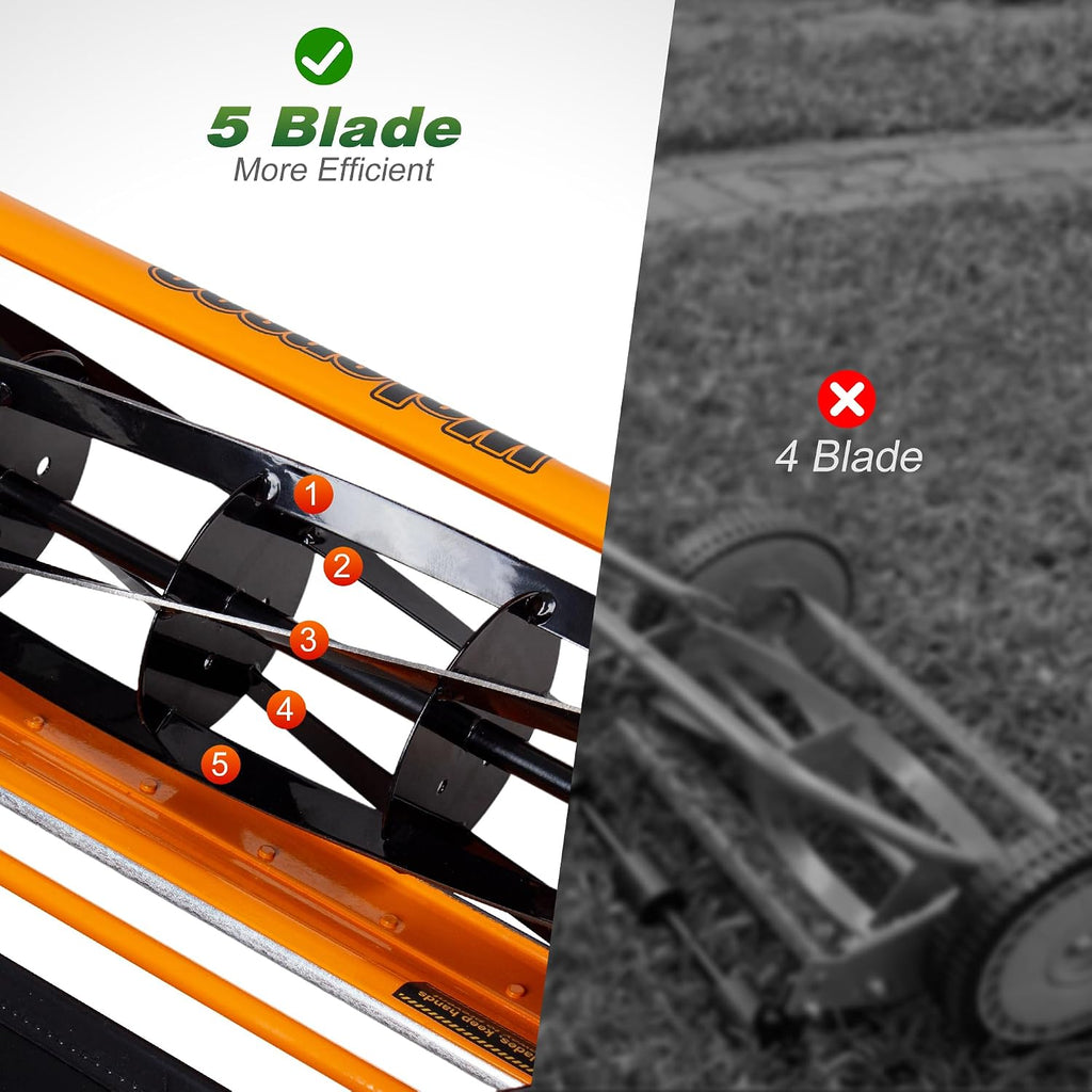 Walensee 18-Inch Manual Lawn Mower, 5-Blade Push Reel, 9 Heights | Precision-Ground Alloy-Steel Blades Deliver Clean
