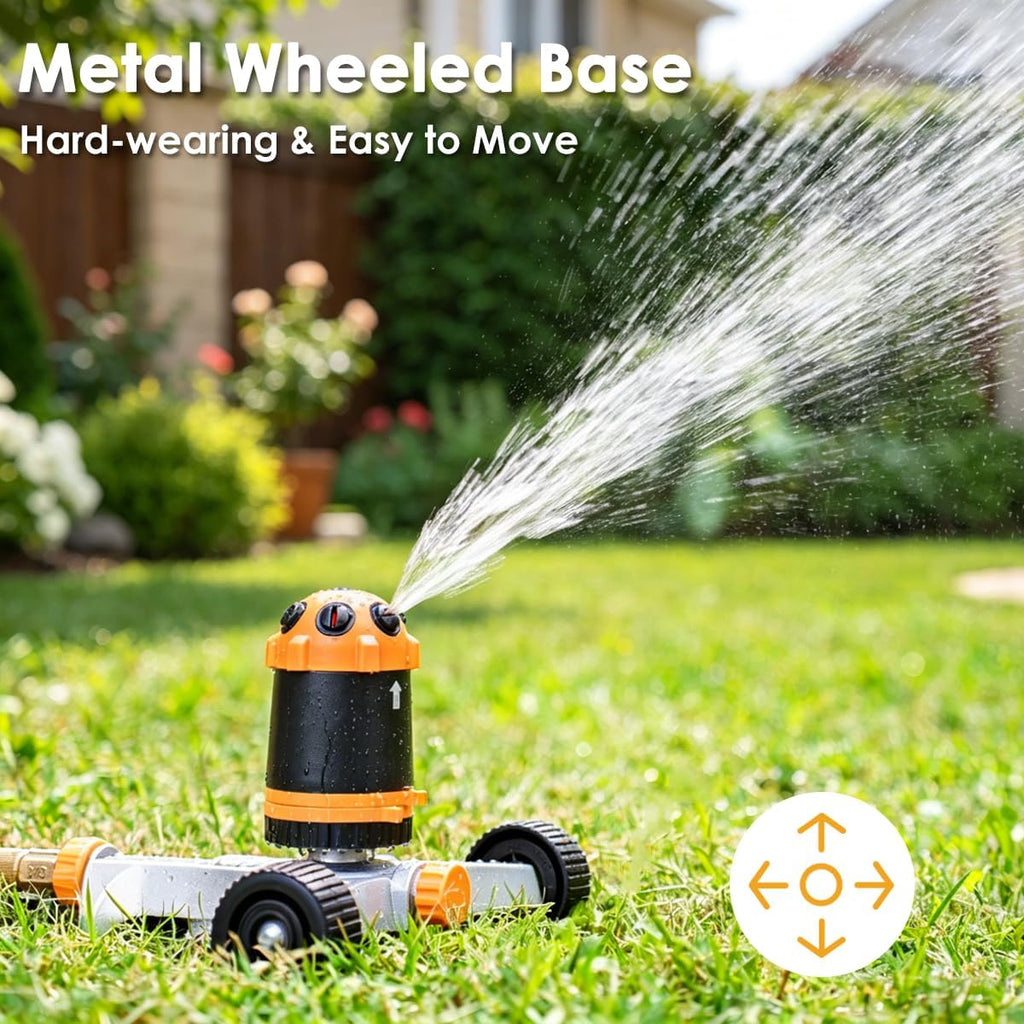FANHAO Gear Drive Lawn Sprinkler with Metal Wheel Base, Heavy Duty 6-Pattern Water Sprinkler System, Adjustable