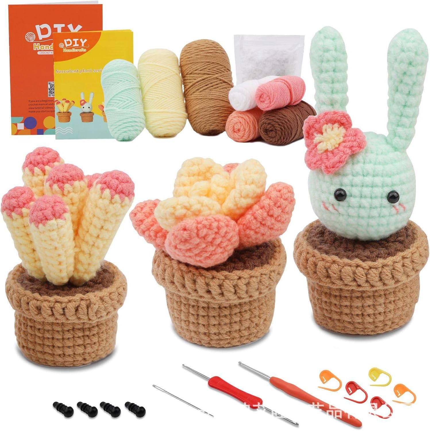 DIY Crochet Kit for Beginners, Potted Cactus Plants Set with Yarn, Hooks, Stitch Markers, Stuffing