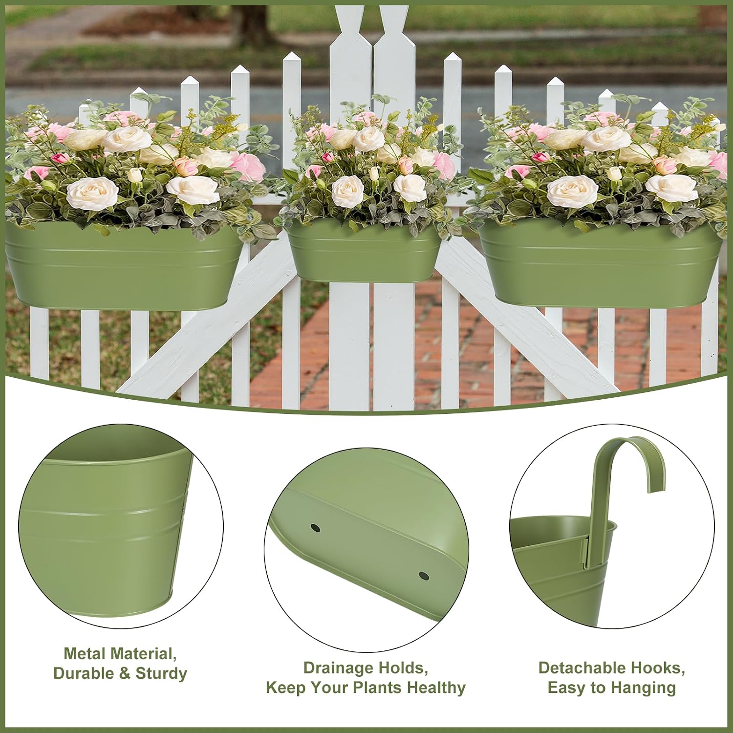 3 Different Size Metal Iron Hanging Flower Pots 10 Pcs for Outdoor Plants Metal Hanging Bucket Pots Iron Railing Fence