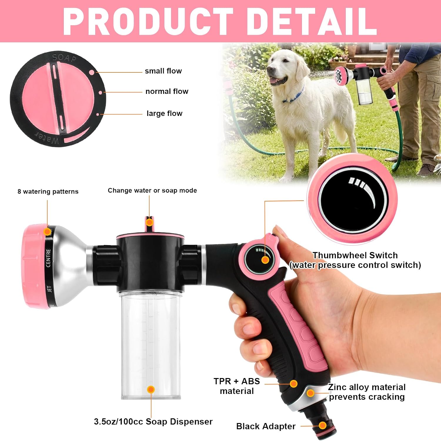 Premium Dog Washing Hose Attachment, Dog Shower Attachment with Pet Grooming Glove, 8-in-1 Sprayer Garden Hose Nozzle