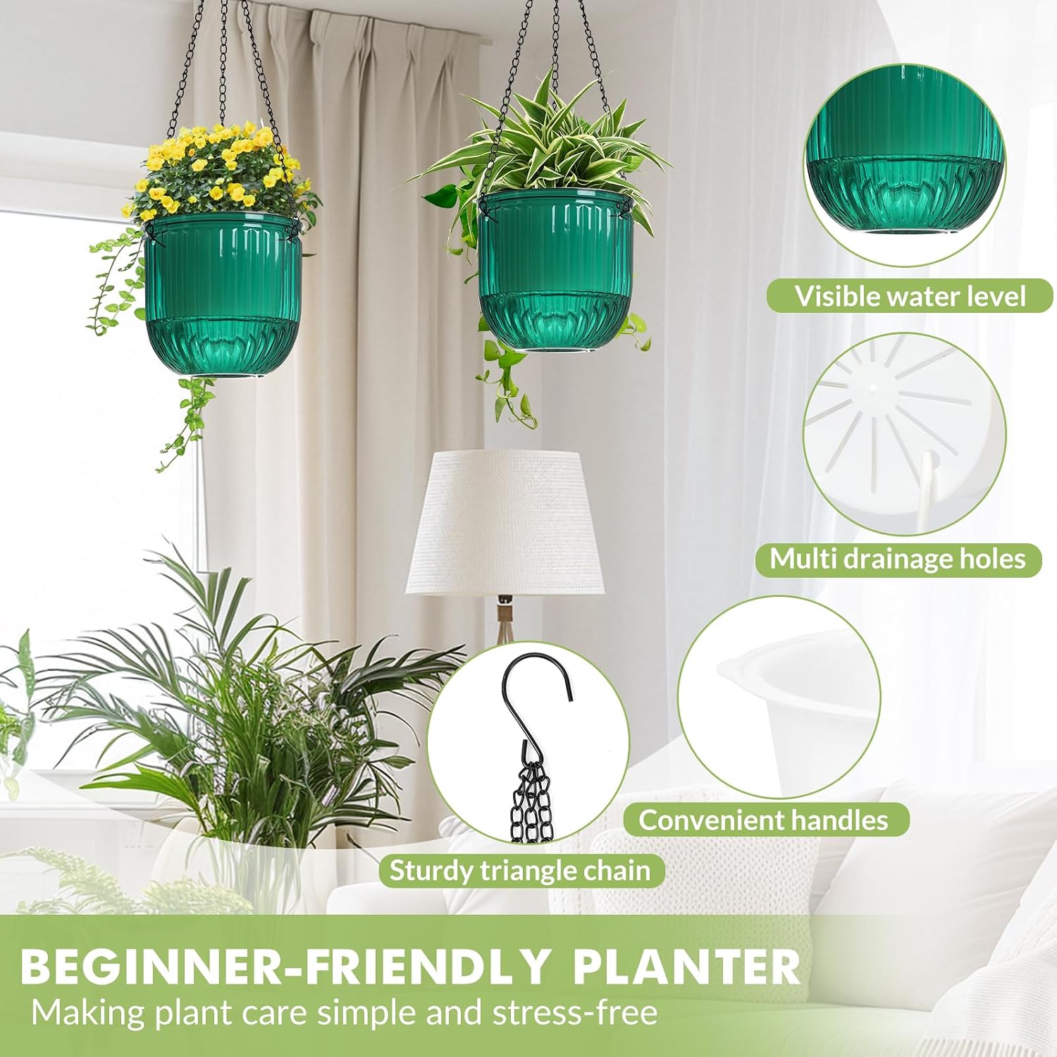 Hanging Planters for Indoor Plants 3 Pack, 6.5'' Plastic Flower Pot | Self Watering Planters Small Clear Outdoor, Metal