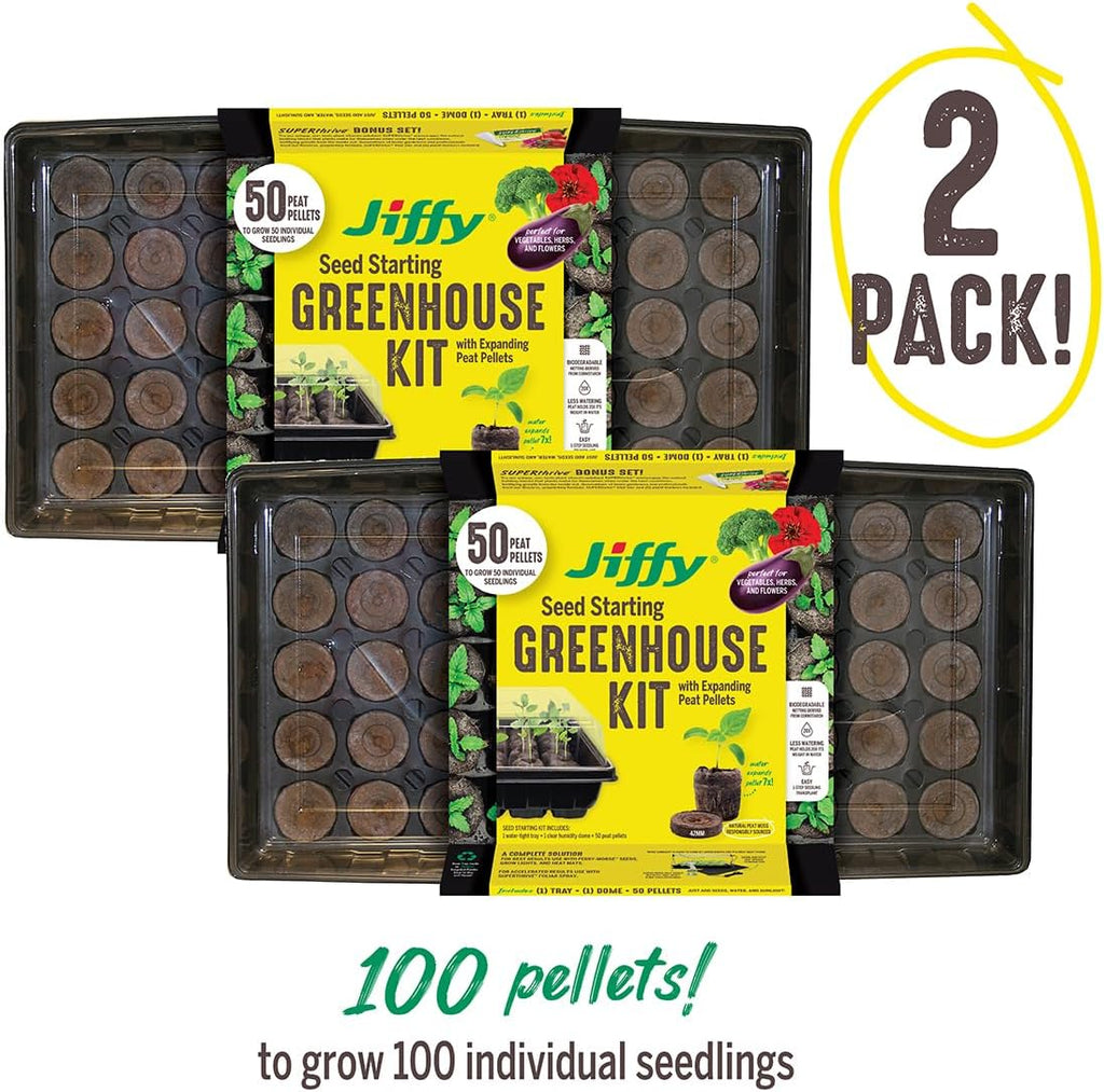 Ferry-Morse Jiffy Seed Starter Tray Kit - 50 Cell, Bonus SUPERthrive, Plant Labels - 2 Pack - Peat/Plastic