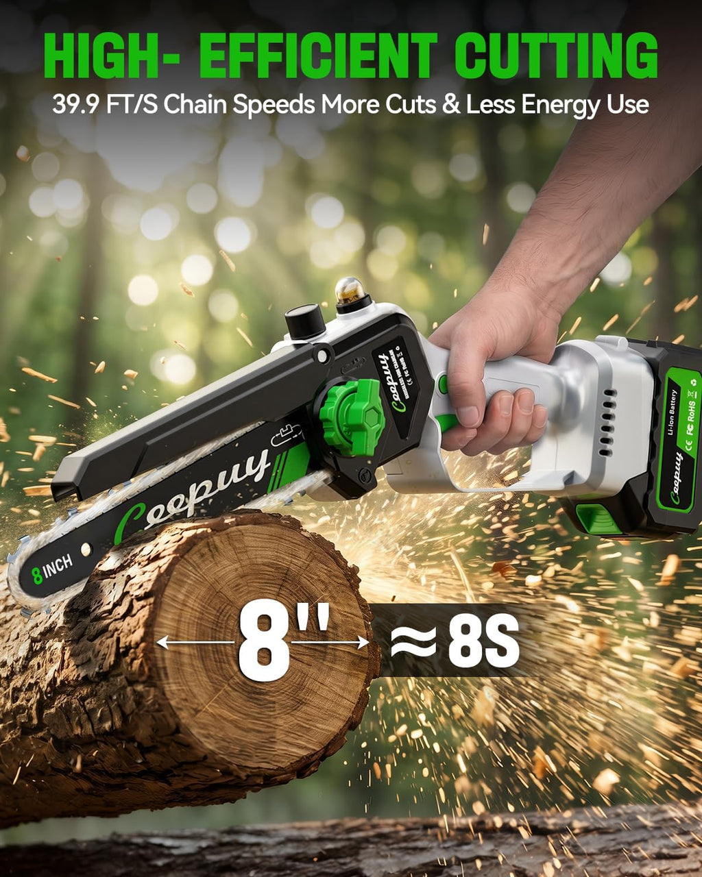 CEEPUY 8 Inch Brushless Mini Chainsaw with 2×4000mAh Batteries, Battery Powered Handheld Electric Chainsaw with