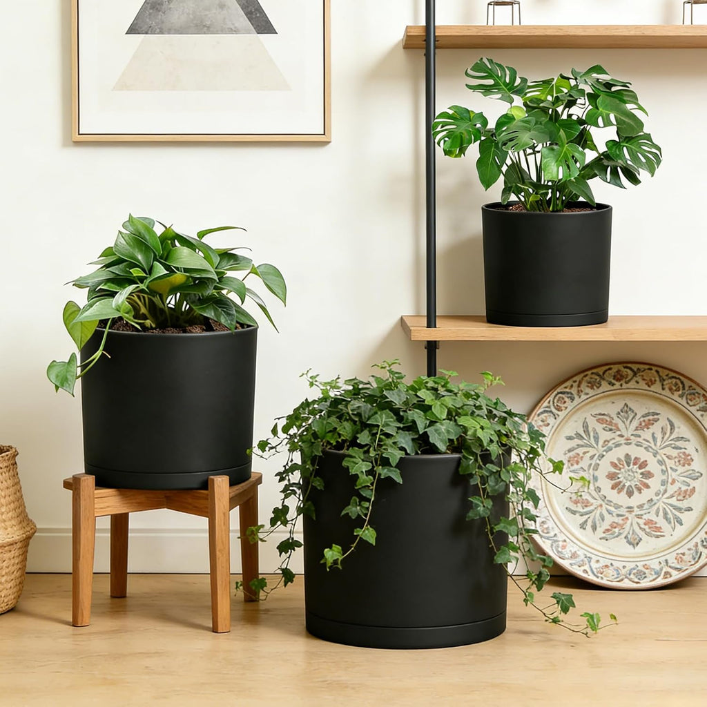 Large Plant Pots Set of 3 – 8", 9", 10" Indoor Flower Pots with Drainage Holes and Saucers, Big Planters for Monstera