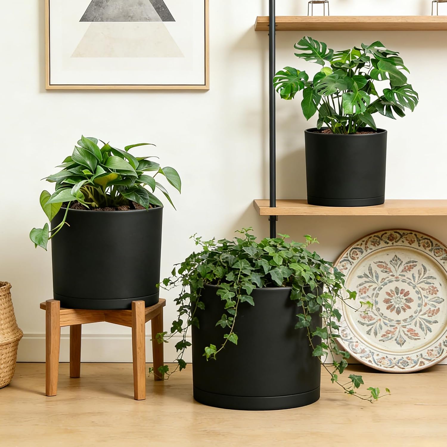 Large Plant Pots Set of 3 – 8", 9", 10" Indoor Flower Pots with Drainage Holes and Saucers, Big Planters for Monstera