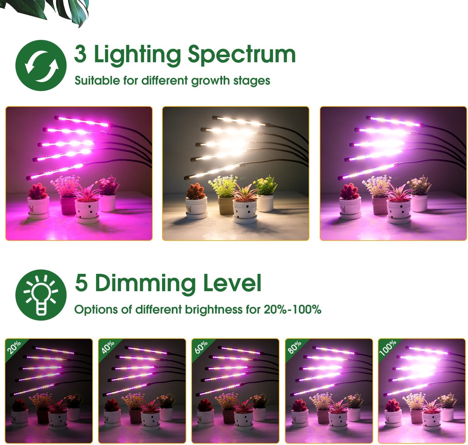Grow Lights for Indoor Plants with Stand, Red Blue Full Spectrum | 5-Head Gooseneck Plant Lamp, 6/12/16H Auto Timer