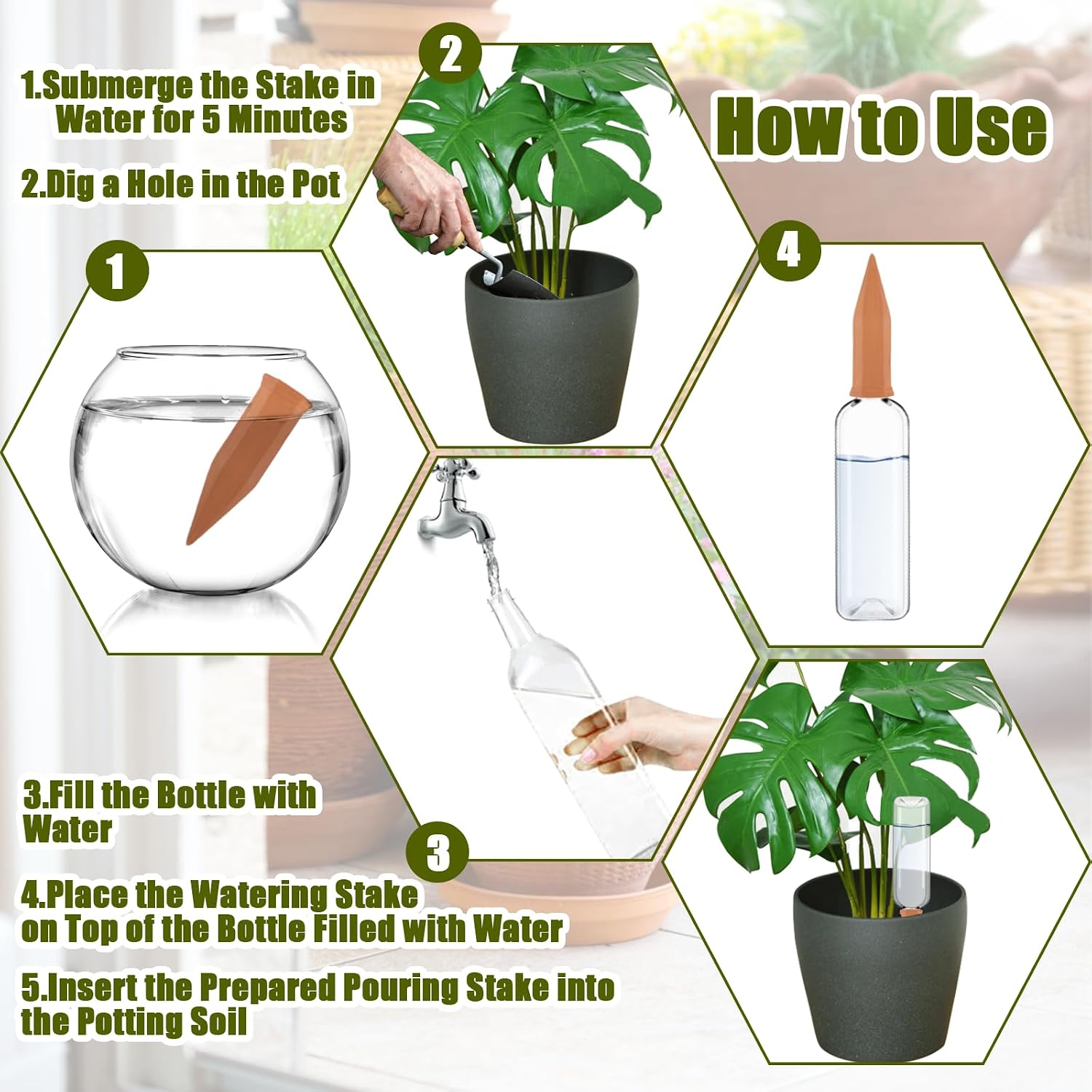 8 Pcs Plant Watering Devices Terracotta Self Watering Plant Spikes and Plastic Bottles, Automatic Terra Cotta Watering