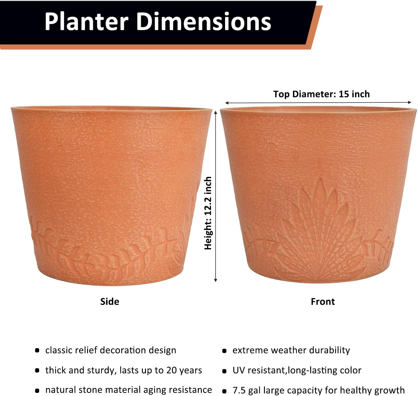 GreenShip 15 inch Large Planters for Outdoor Plants, Set of 2 | 7 gal, Large Indoor Planter, Recycled Resin & Stone