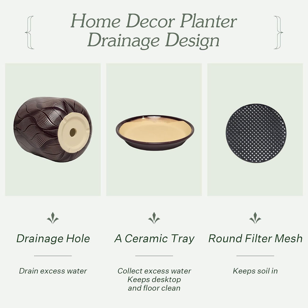 Ceramic Glaze Plant Pot Set 7.2+5.8 Inch Planter with Drainage Hole,Mesh Net,Saucer,for Indoor Outdoor (Leaf-Dark
