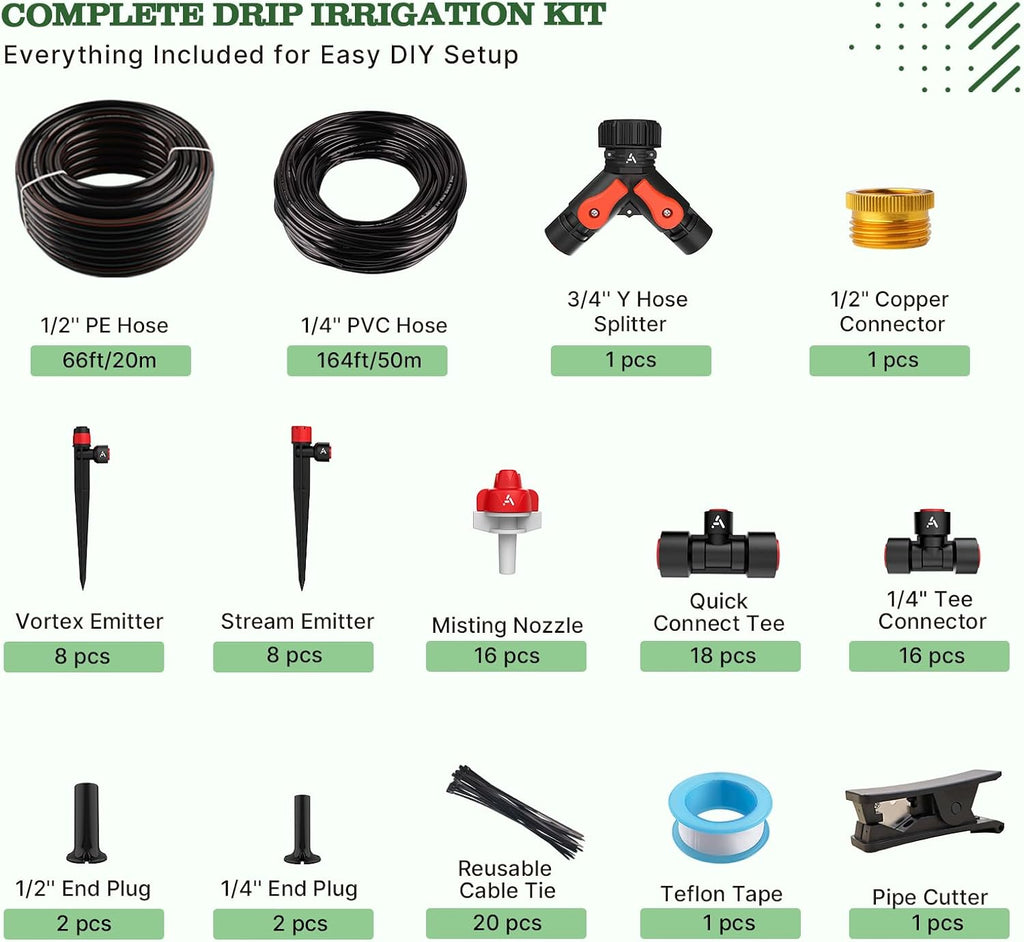 Anleolife 230FT Drip Irrigation System Kit, Complete Garden Watering System | Includes All Around 1/2" Mainline & 1/4"