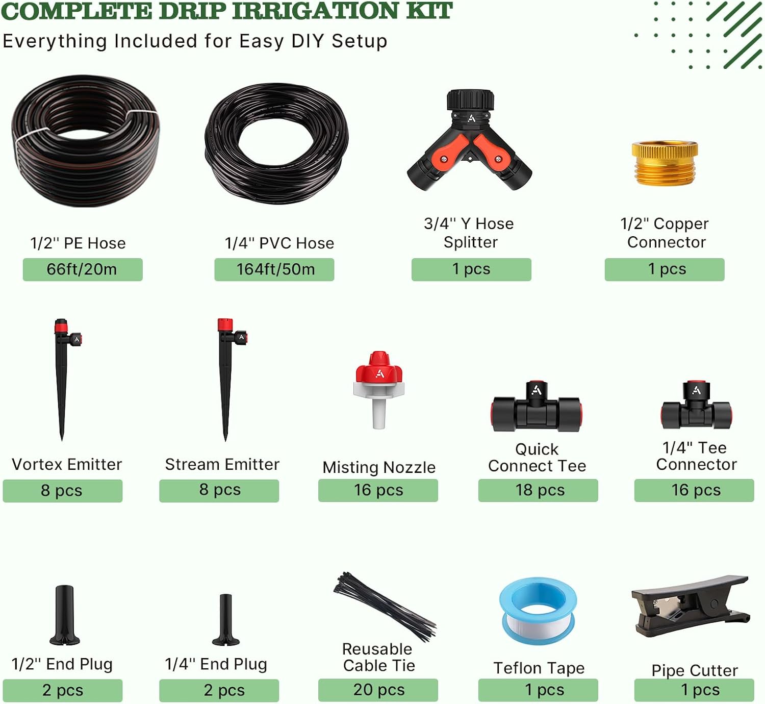 Anleolife 230FT Drip Irrigation System Kit, Complete Garden Watering System | Includes All Around 1/2" Mainline & 1/4"