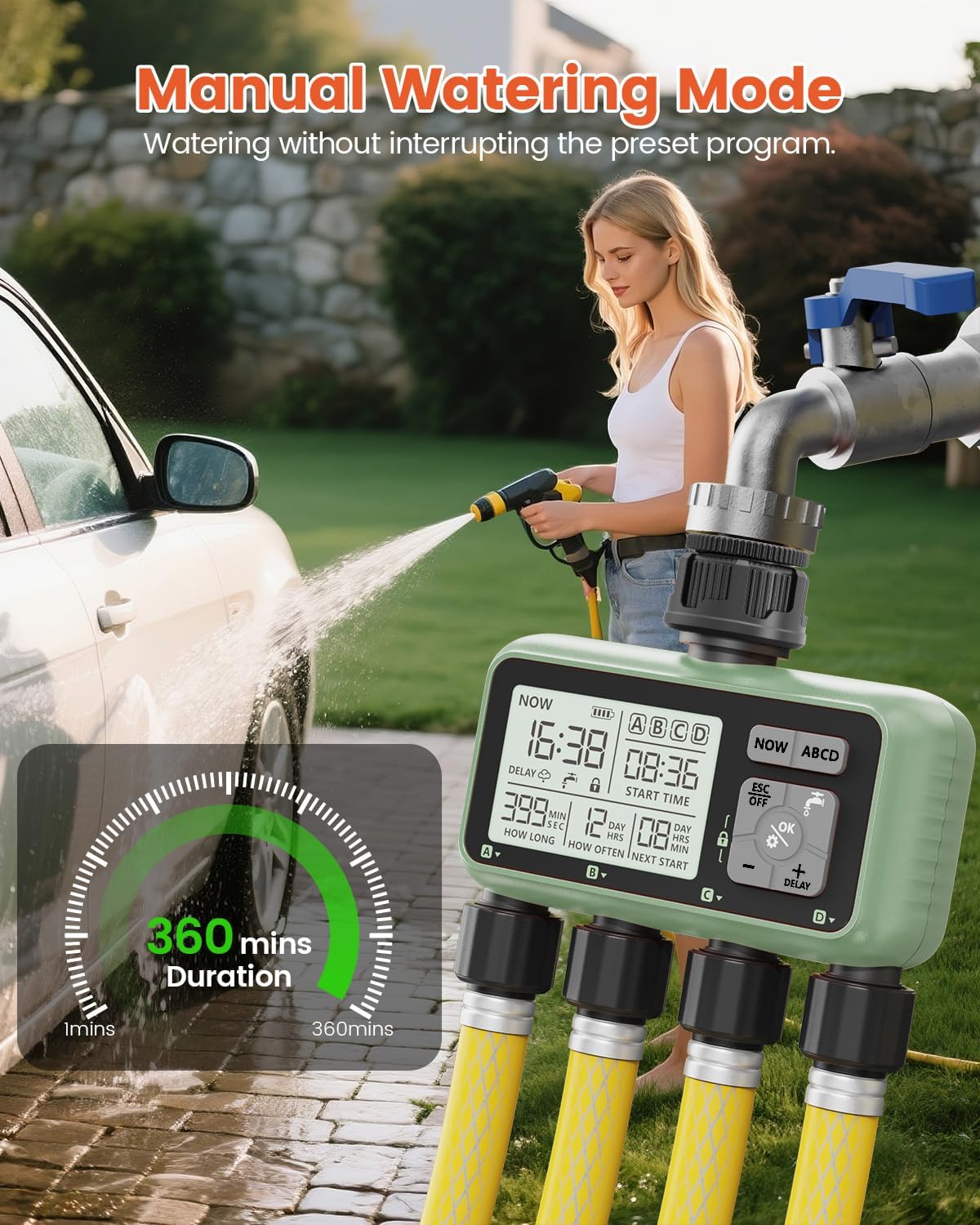 4 Zone Sprinkler Timer, Programmable Water Timer for Garden Hose | 4 independent zones, programmable watering, rain
