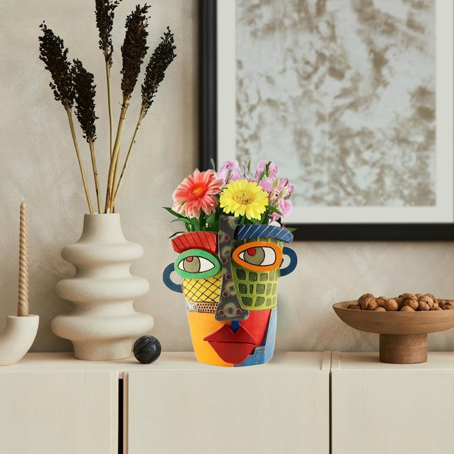 TOZLU Abstract Face Head Planter Picasso Colorful Art Resin Flower Pot | Unique Decorative Planter Gift With Drainage