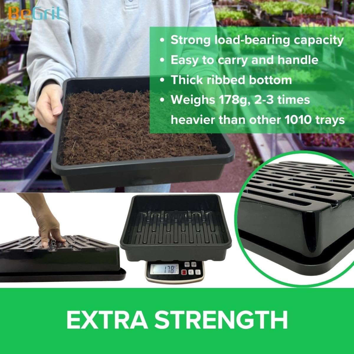 BeGrit 1010 Growing Trays Extra Strength Seed Tray 10" x 10" Without Drain Holes for Seedling Starter Microgreens