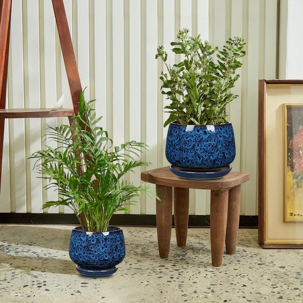 GnFlus Blue Ceramic Planter Pots with Drainage Holes, Set of 2 7''+5'' Saucers Large Round Plant Pot for Indoor-Outdoor