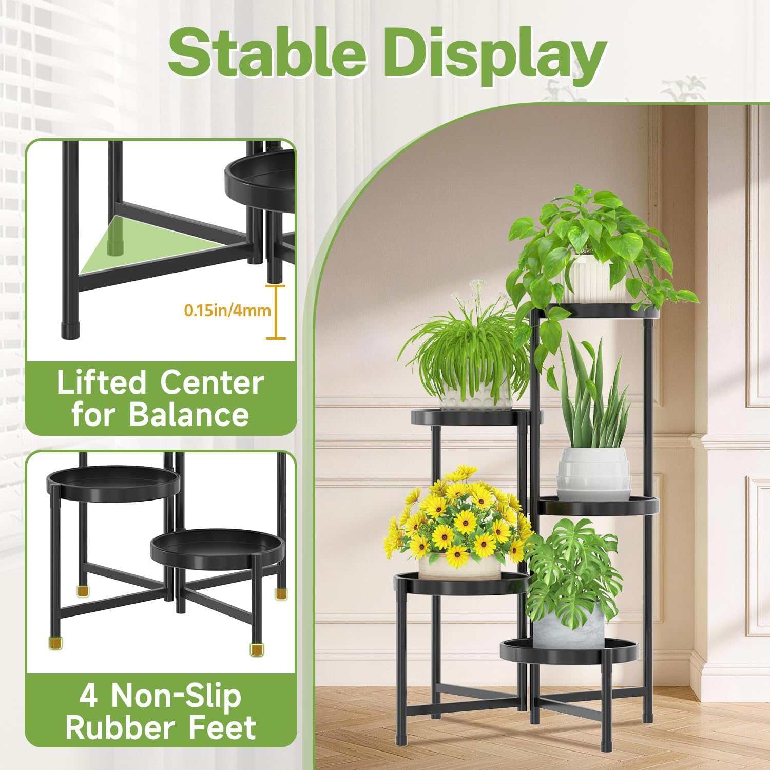 iDavosic.ly 5 Tier Large Plant Stand with Grow Light, 10 Inch Tray, Black | Tiered Metal Corner Heavy Duty Multiple