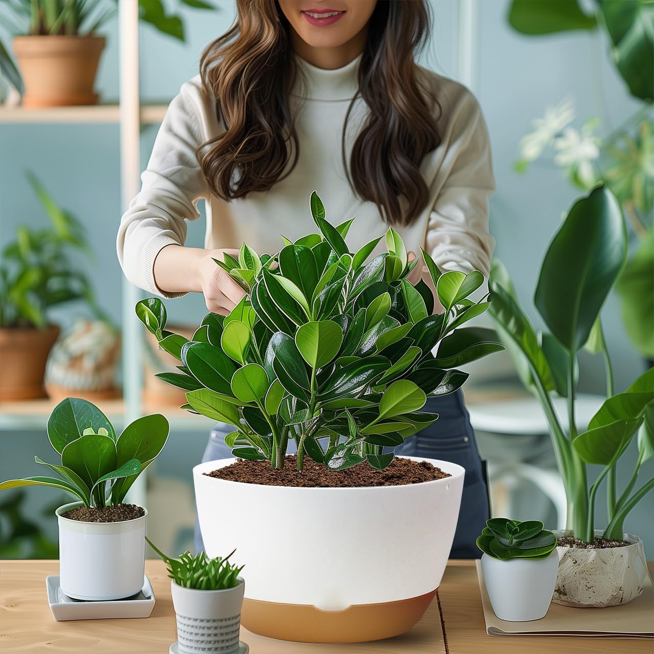 Koalaime 8/10/12 Inch Pots for Indoor Plants, Large Self Watering Planters with Drainage and Saucers, Plastic Outdoor