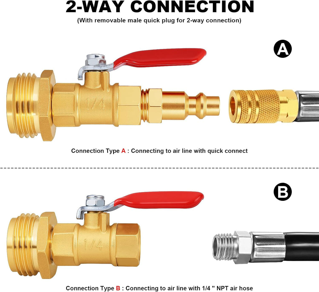 RV Winterize Blowout Adapter with 1/4" Quick Connect Plug and 3/4" Garden Water Hose Threading with Valve (4 Pack)