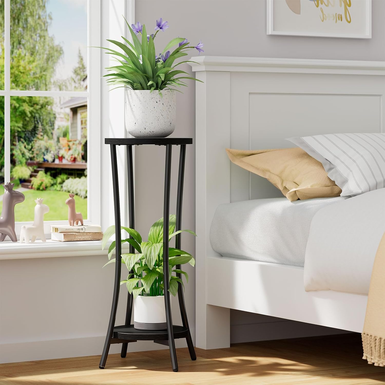 IBUYKE 30 Inch Tall Plant Stand Indoor, 2 Tier Wood Corner Plant Stand, Modern Round Plant Shelf Flower Stand for