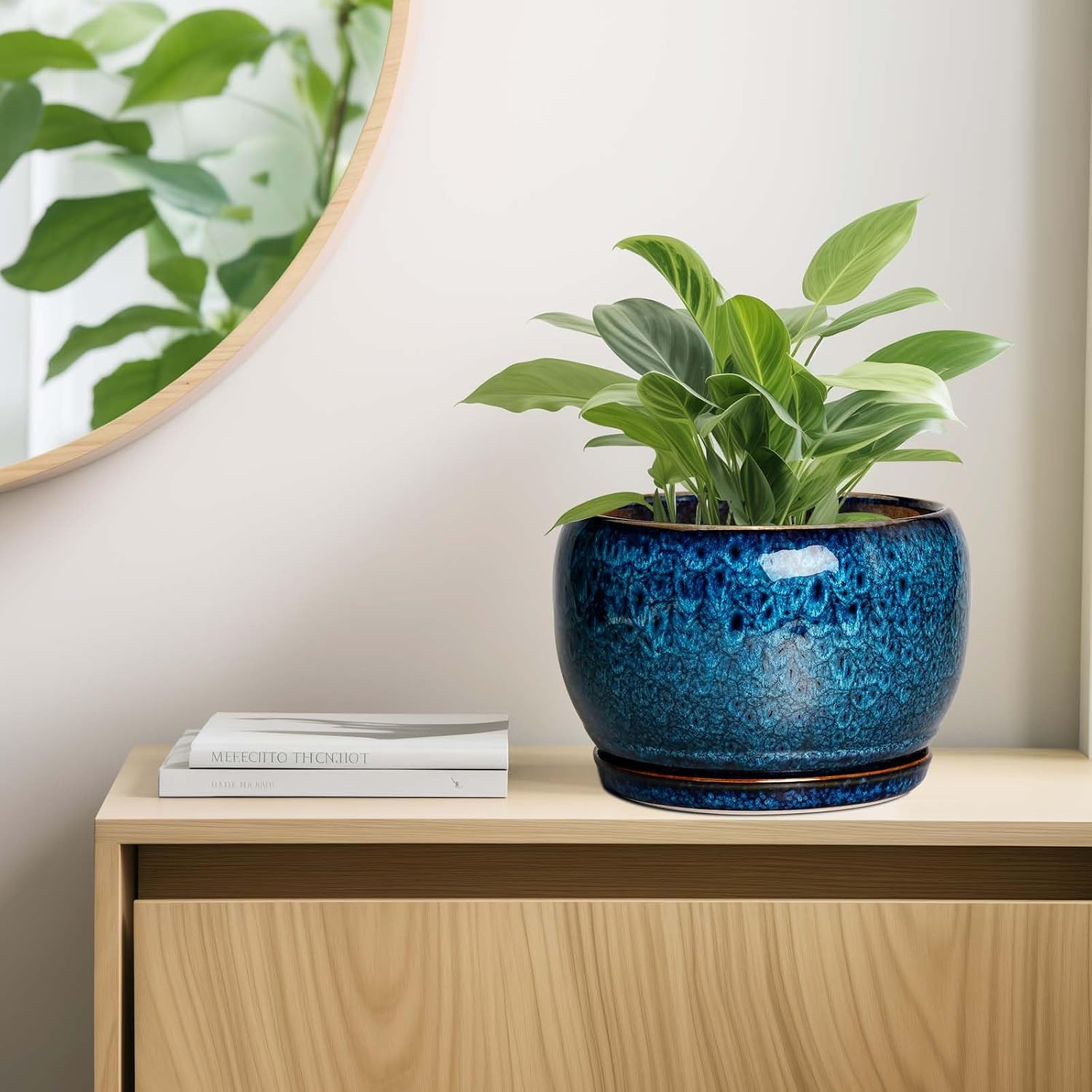 SQOWL 10 Inch Plant Pot - Ceramic Planter Pot with Drainage Hole and Saucer, Decorative Plant Pot for Indoor Outdoor