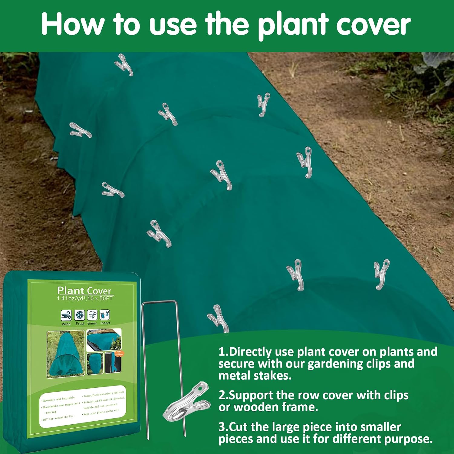 Plant Covers Freeze Protection, 10ft x 50ft 1.41 oz/yd² Frost Cloth Plant Blankets Floating Row Covers with 35
