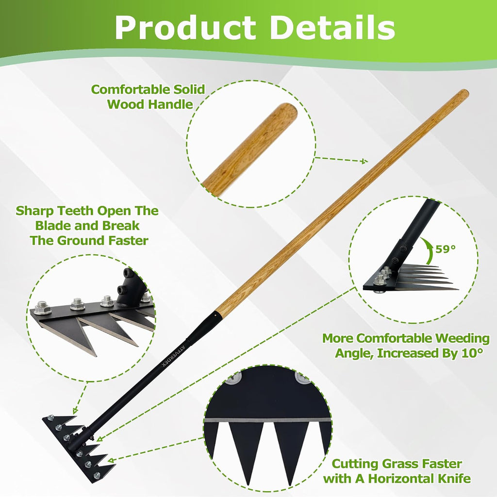 Gardenia Weeding Rake 2.0,60"Forged Iron Weeding Rake, Uproots Tough Weeds | Exclusive Double-Edged Thick 6-Tine Rake
