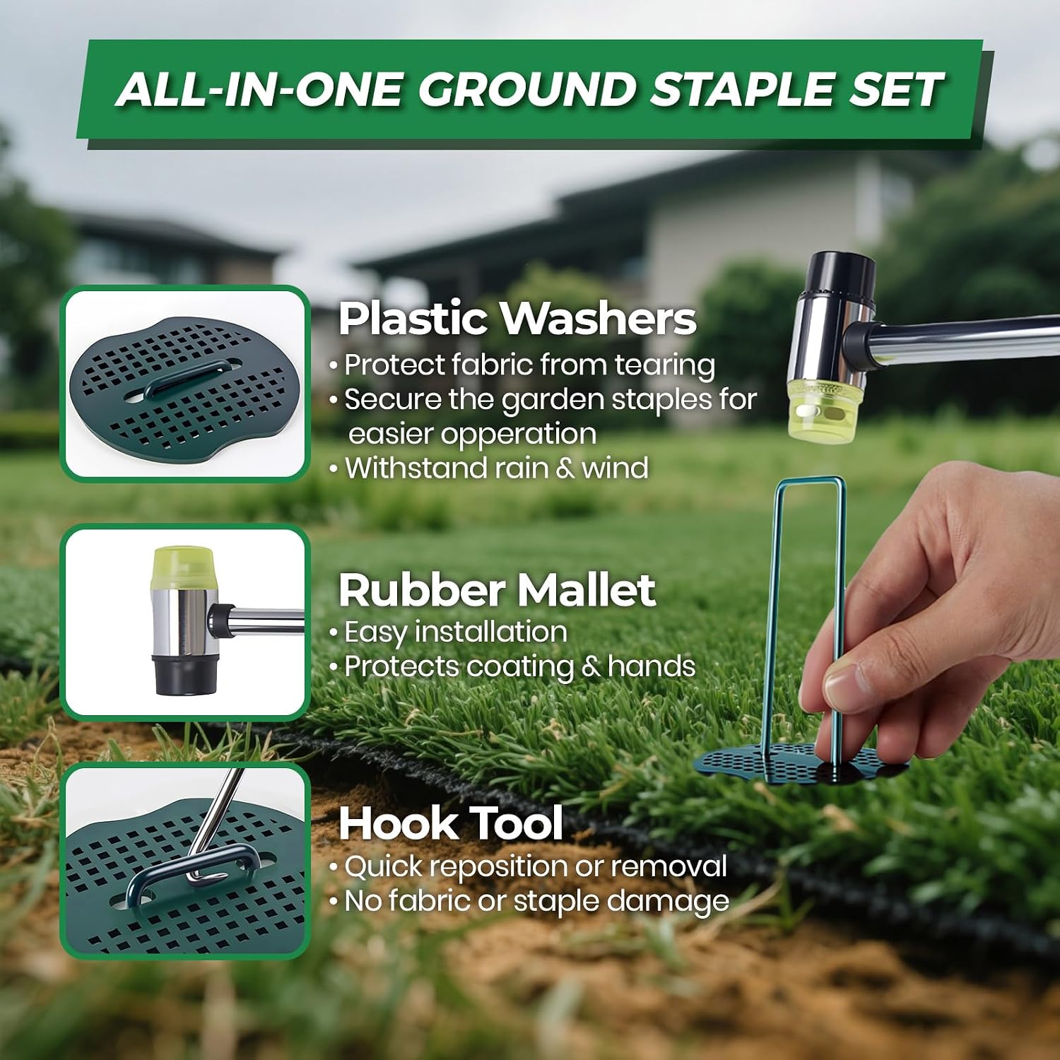 50Pcs Garden Staples +50Pcs Gasket +Pick Hook +Rubber Mallet, 6 Inch Landscape Fabric Stakes Galvanized Weed Barrier