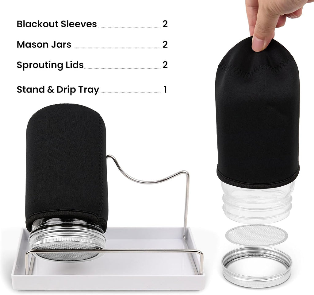 Seed Sprouting Jar Kit, 2 Wide Mouth Quart Mason Jars with Stainless Steel Screen Sprout Lids, Drip Tray, Stand