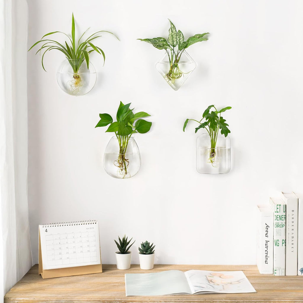 Mkono Wall Propagation Planters, 4 Pack Glass Hanging Vase Plant Holder | Varied Shapes Terrarium,Clear Root View