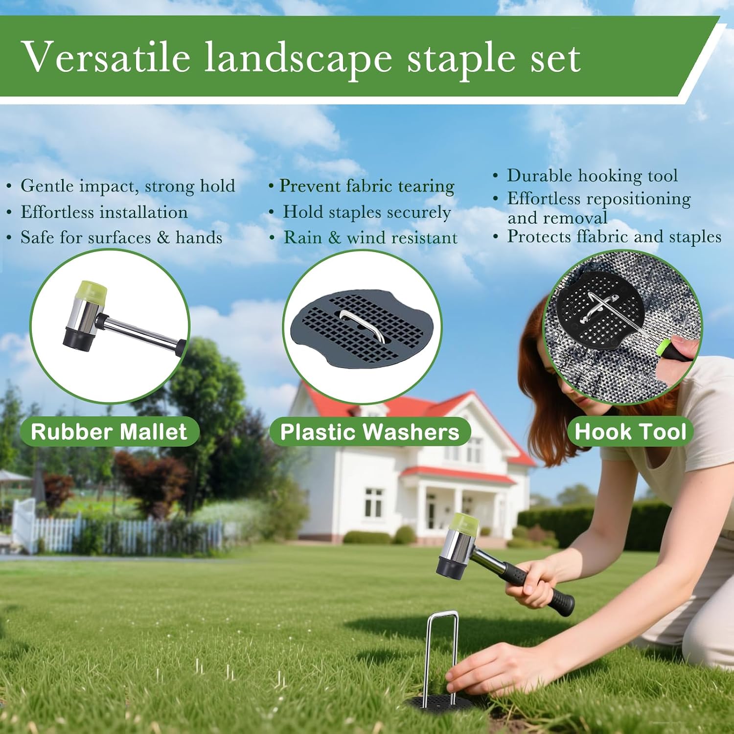 6 Inch Landscape Staples Set, 11 Gauge Galvanized U-Shaped Garden Stakes (100 Pack) with 100 Gaskets, Hook Tool &