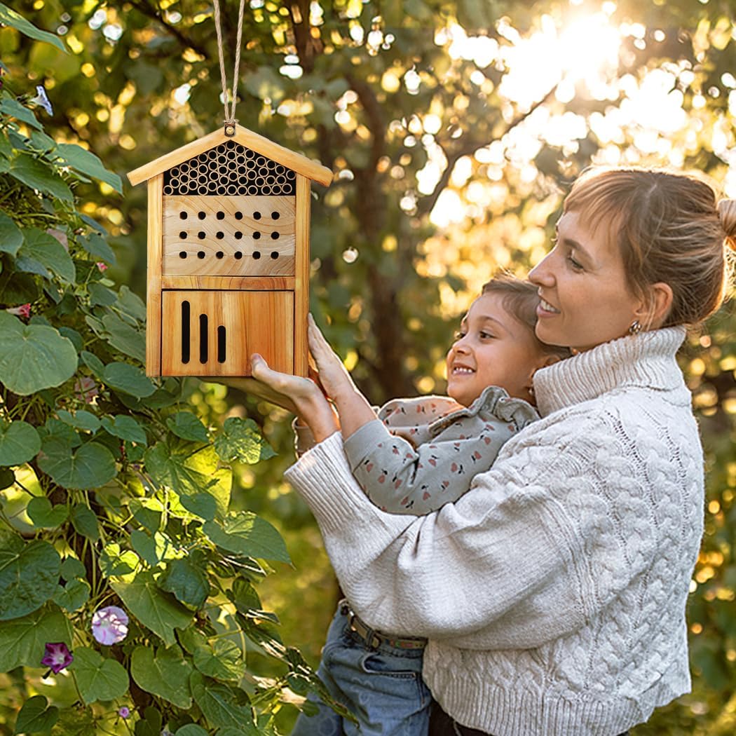 Mason Bee House -Wax Coated Mason House for The Garden,Natural Handmade Wooden Mason Home, Attracts Peaceful Bee