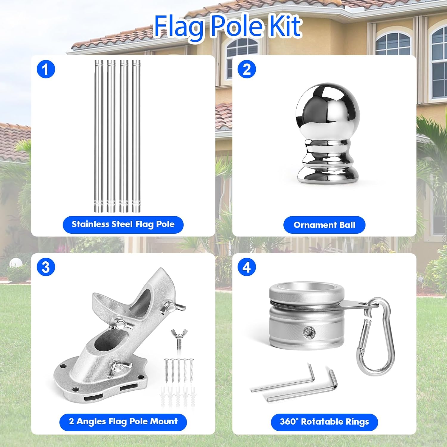 Anovo Flag Pole Kit- Upgraded Holder, Stainless Steel 5 FT Flag Poles with1 Inch Metal 360° Rotating Flag Pole Rings