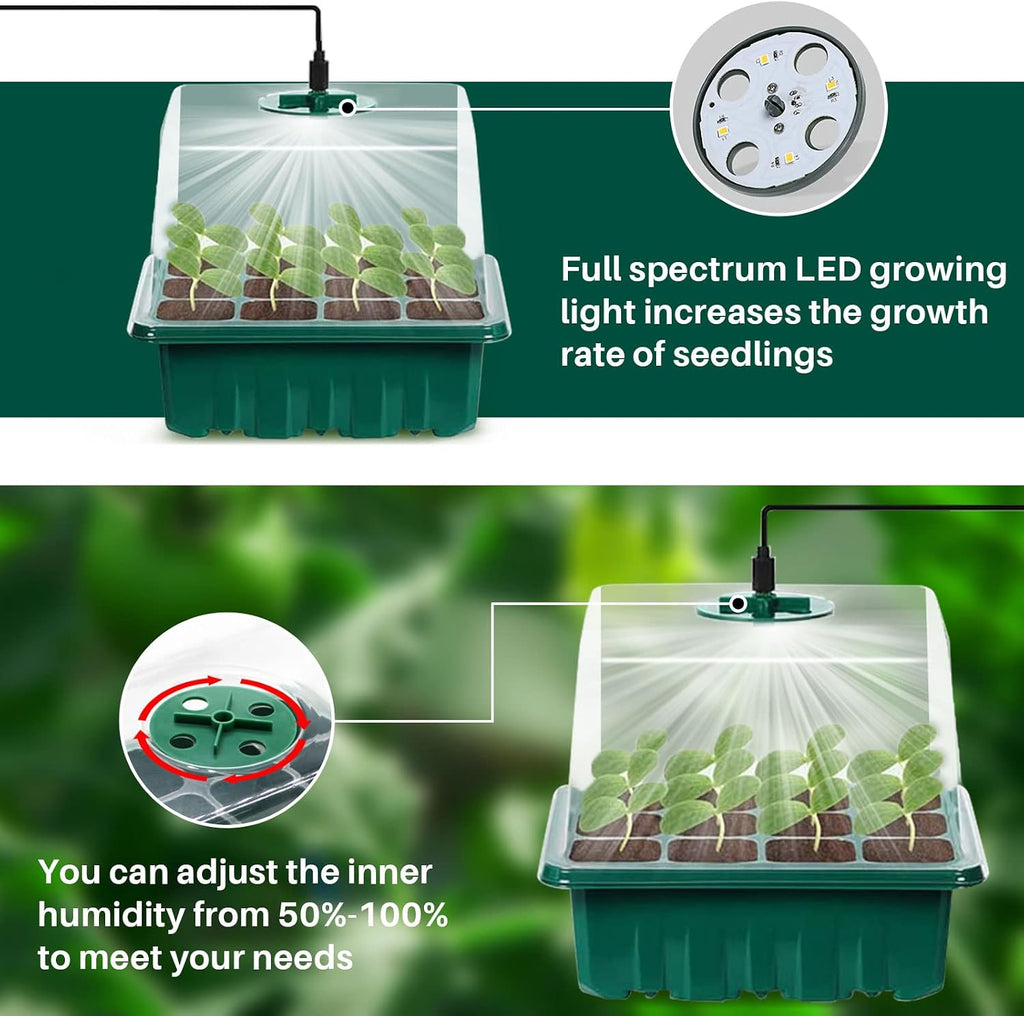 Seed Starter Tray Kit with Grow Light, 5 Pack Plant Seed Tray Kit with Humidity Domes and 3.9" Height Covers, Indoor