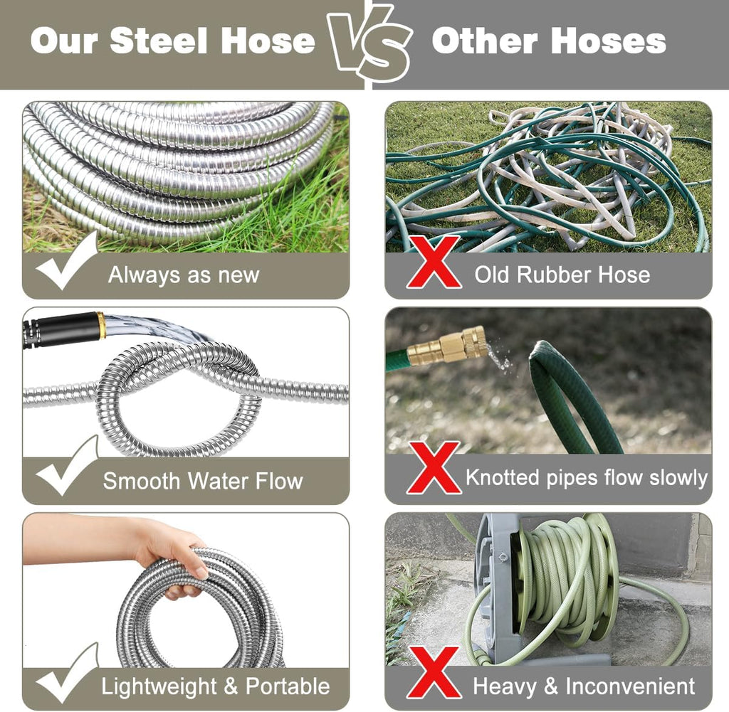 Omont Metal Garden Hose 50FT, Heavy Duty 304 Stainless Steel Water Hoses with Nozzle, Flexible Garden Hose