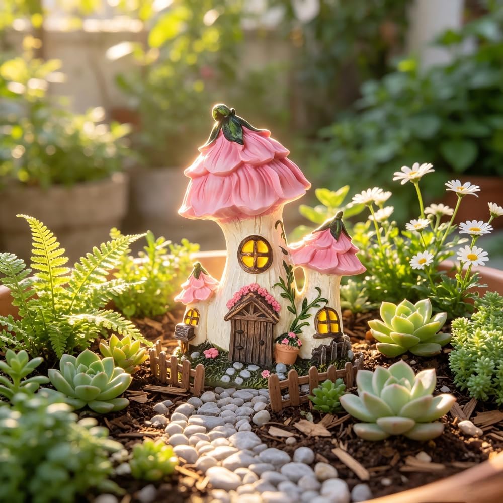 Mushroom Fairy House, Resin Pink Fairy Garden Statue, Outdoor Garden Decor for Patio Lawn, Fairy Door Accents for