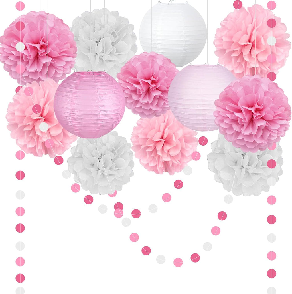 14 Pcs Pink Party Decorations, Paper Pom Poms Lanterns Garland, 8/10 Inch