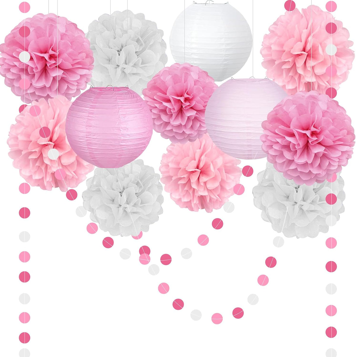 14 Pcs Pink Party Decorations, Paper Pom Poms Lanterns Garland, 8/10 Inch