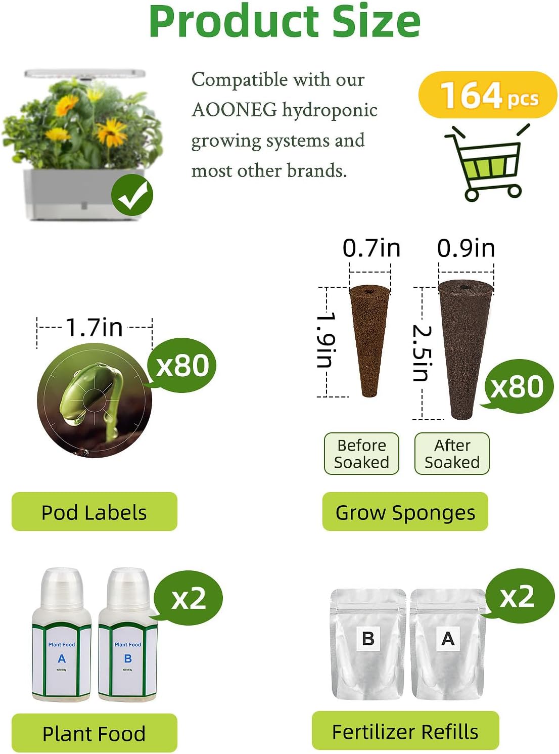 164pcs Hydroponics Seed Pod Kit: 80 Grow Sponges, 80 Pod Labels, 4 A&B Plant Food - Grow Anything Kit for Indoor