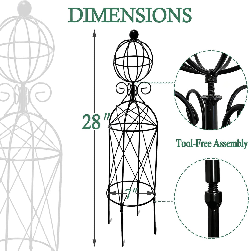 2-Pack Metal Garden Obelisk Trellis, 28" Geometric Sphere Plant Support | Tool-free assembly; fits 9–12in planters