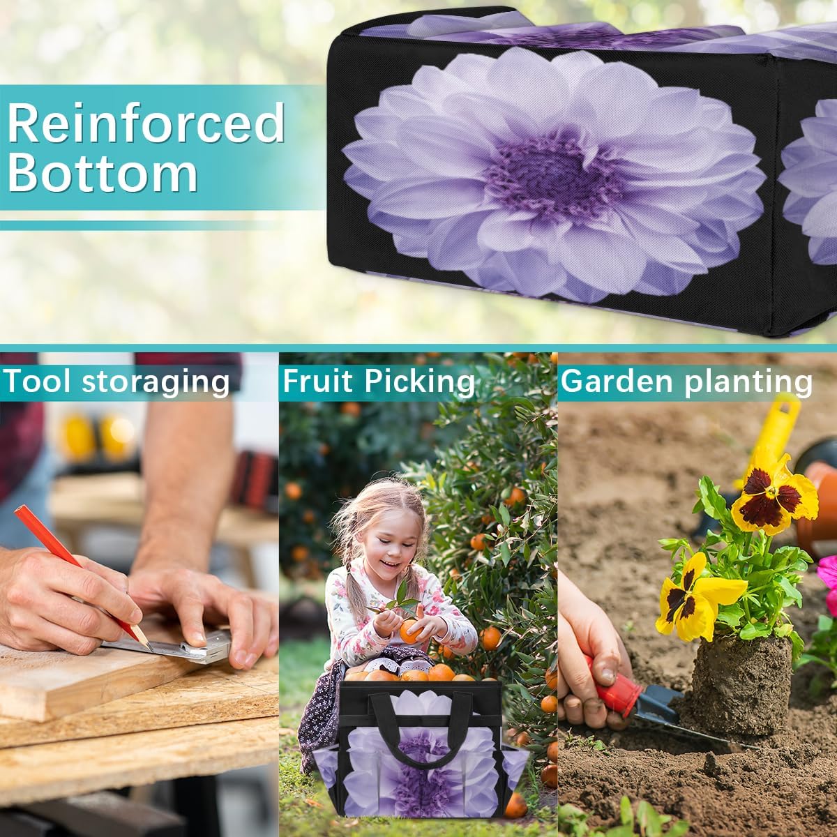 Purple Dahlia Garden Tool Bag Waterproof Gardening Tool Storage Bag with Handle & 10 Pockets Gardening Tote Bag for