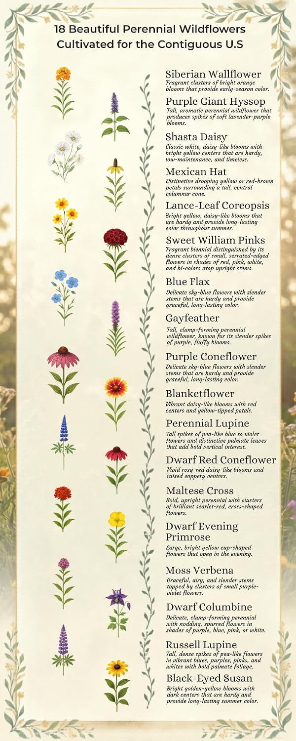 All US Zones All Perennial Wildflower Seed Mix 1/4 Pound Covers 500 sqft Non-GMO Includes Drought Tolerant Species